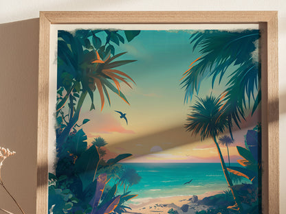 A framed poster depicts a tropical beach scene at sunset, featuring lush palm trees, vibrant foliage, and a tranquil ocean with birds flying above.