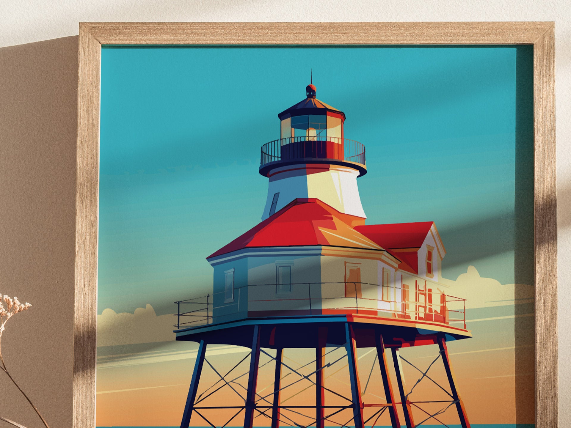 A vibrant poster depicts the Thomas Point Lighthouse with a red roof and intricate screw-pile structure against a blue sky. The artwork is framed in light wood.