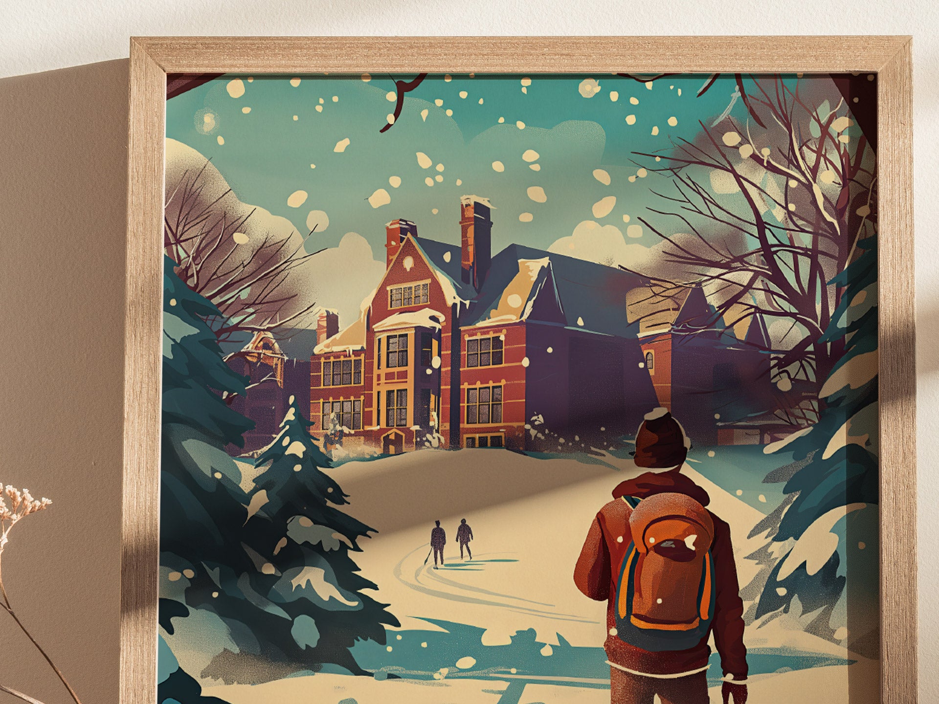 A person with an orange backpack walks toward a snow-covered, red-brick building surrounded by trees, under a sky filled with snowflakes. Two other figures are seen ahead.