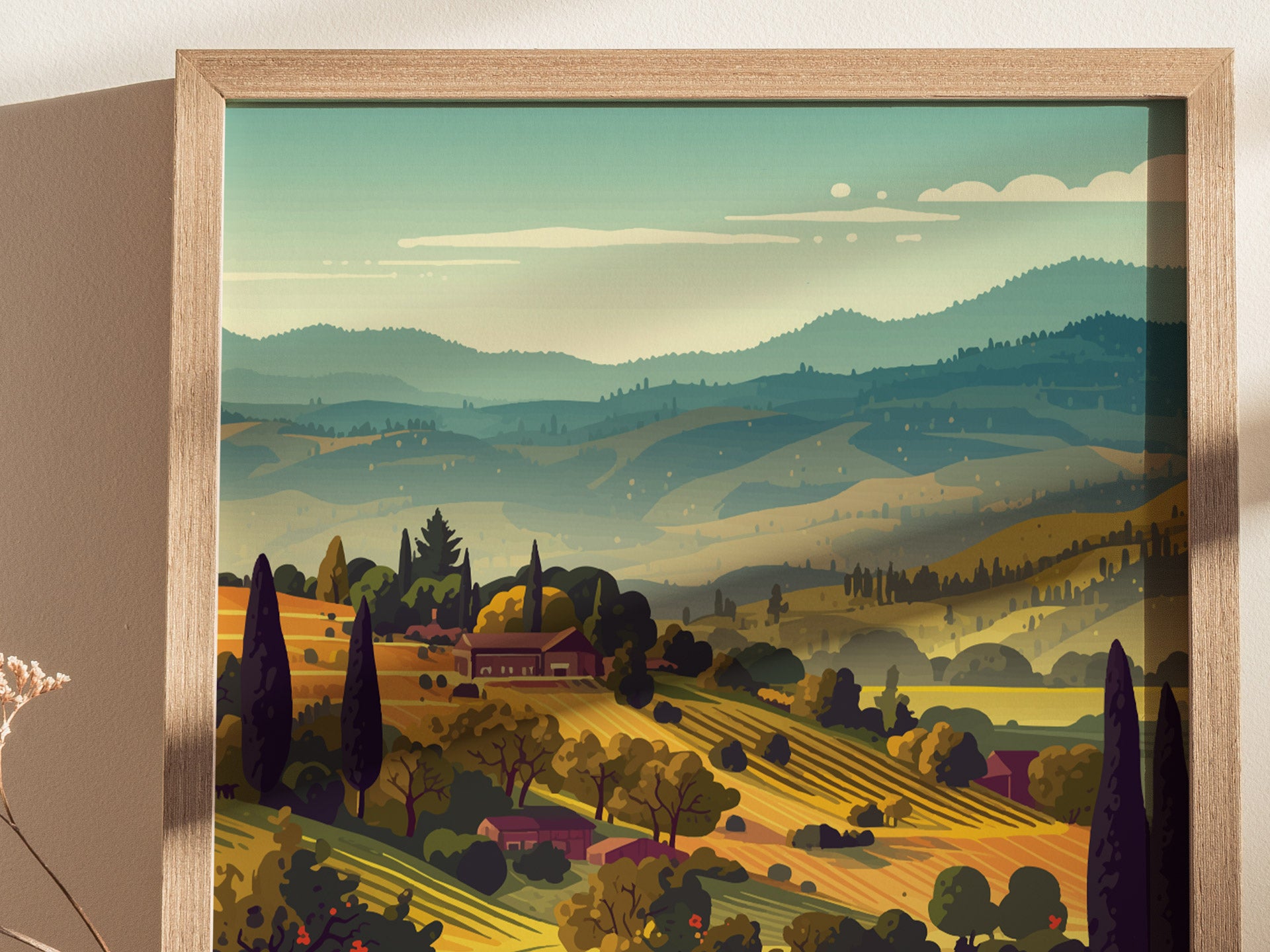 Illustration of a picturesque vineyard landscape with rolling hills, vibrant green and golden fields, and scattered trees under a serene sky. Framed in light wood, capturing a tranquil scene.