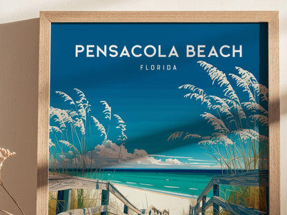 Framed poster depicting Pensacola Beach, Florida, with a wooden walkway leading to emerald Gulf waters and white sand, surrounded by sea oats under a clear blue sky.
