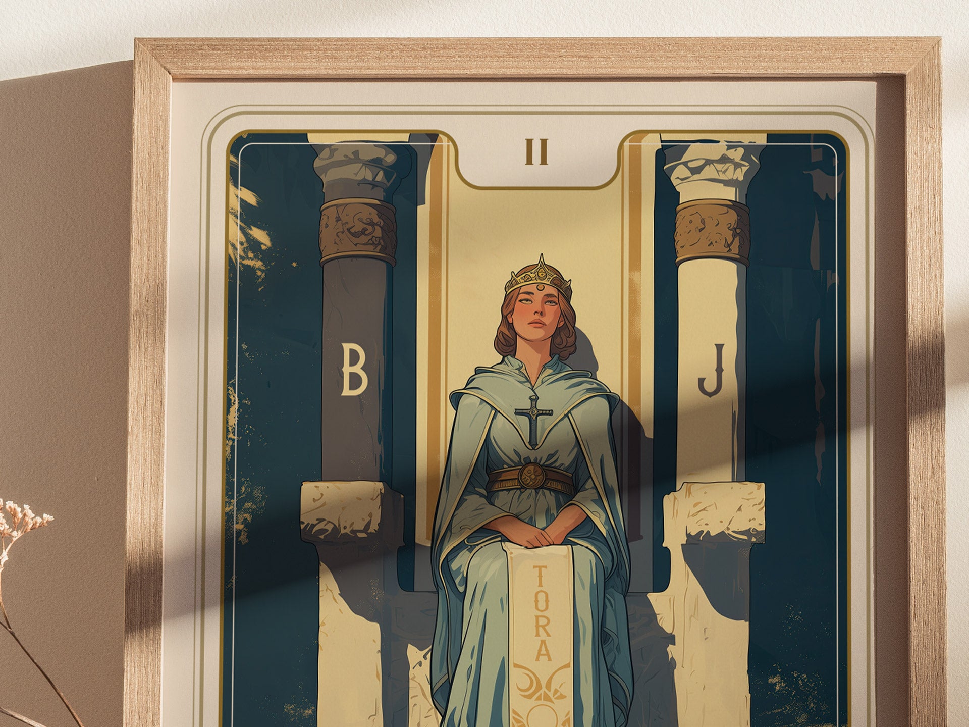 The image shows a framed tarot card illustration of the High Priestess seated between two pillars labeled B and J, with a serene expression and wearing a blue robe.