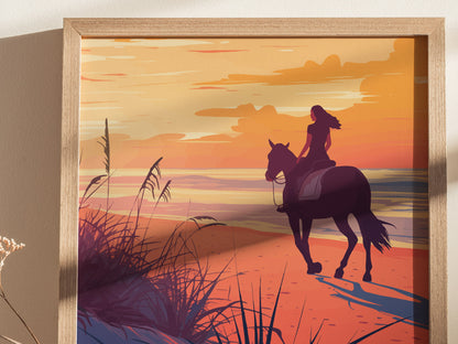 A framed artwork depicts a woman riding a horse along a beach at sunset, with sea oats and golden hues creating a serene atmosphere.