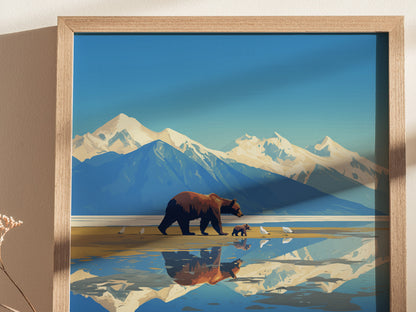 Illustration of a bear and cub walking along a reflective lake, with snow-capped mountains in the background, framed in light wood. The scene captures a serene wilderness setting.