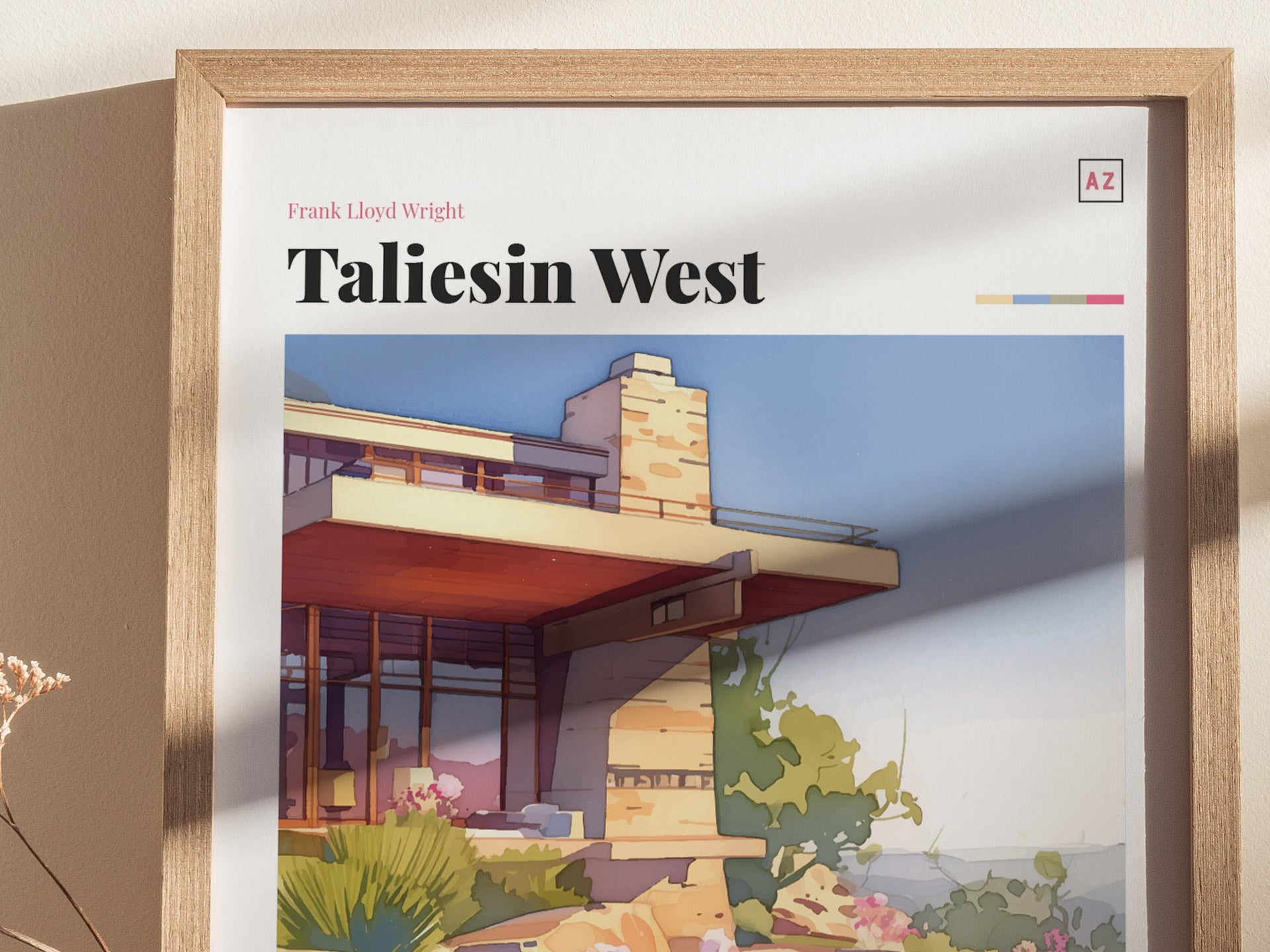 Framed poster of Taliesin West, showcasing Frank Lloyd Wrights architectural masterpiece with desert-inspired design elements. The image features vibrant colors and a modern aesthetic.