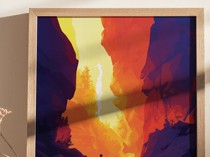 A framed poster features a colorful landscape with abstract shapes in orange, yellow, and purple, depicting a canyon with silhouetted trees and a hiker. Sunlight casts shadows on the wall.