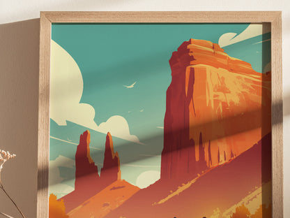 Framed artwork depicts a stylized illustration of Cathedral Rock with vibrant red cliffs under a turquoise sky. Shadows and sunlight highlight the details, enhancing the desert landscapes natural beauty.