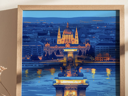 Budapest Chain Bridge Poster | Hungary Travel Print Wall Art | Framed or Unframed