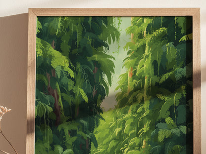 A framed poster depicts a lush canyon scene with dense green ferns covering towering walls. Sunlight filters through, creating a serene, natural atmosphere.
