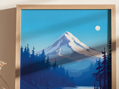 A framed artwork depicting a snow-capped mountain under a clear blue sky with a bright sun. Tall, dark evergreen trees line the foreground, creating a serene landscape.