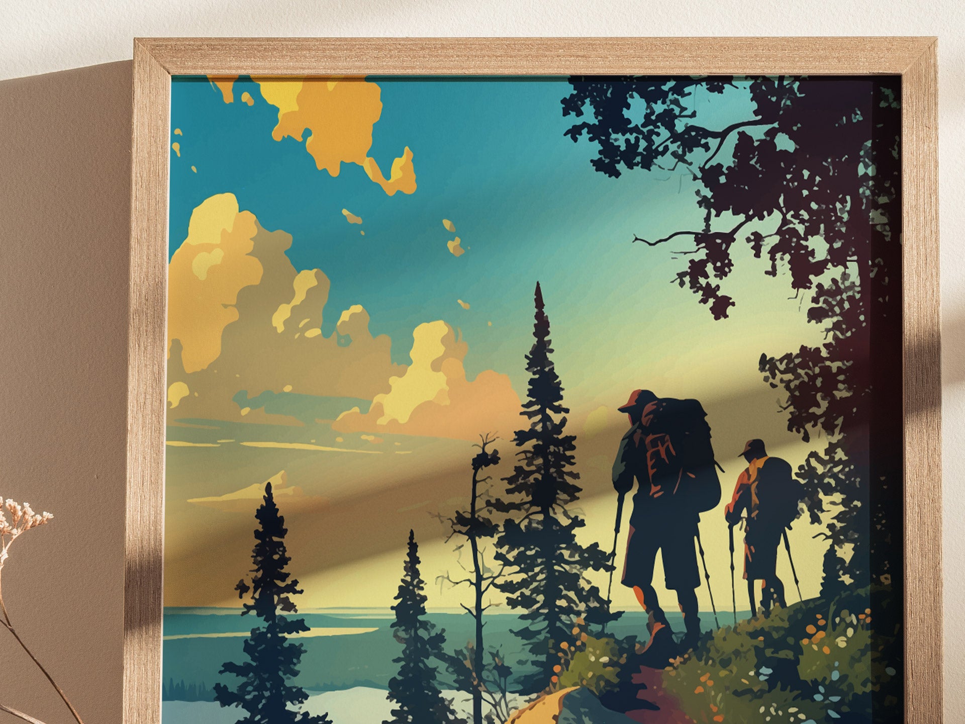 Two hikers with backpacks walk along a scenic trail under a vibrant sky with fluffy clouds, surrounded by tall pine trees and lush greenery. The scene is framed in wood.
