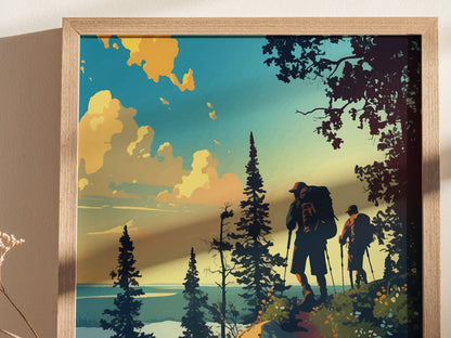 Two hikers with backpacks walk along a scenic trail under a vibrant sky with fluffy clouds, surrounded by tall pine trees and lush greenery. The scene is framed in wood.