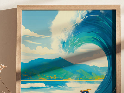 A framed poster depicts a vibrant ocean wave with a surfer below, set against a backdrop of lush green hills and a bright sky with fluffy clouds.