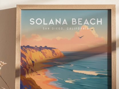 Framed poster of Solana Beach in San Diego, featuring dramatic coastal bluffs, pastel skies, and the Pacific Ocean with seagulls, capturing a serene coastal scene.