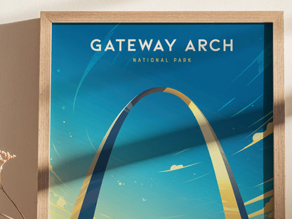 A framed poster of the Gateway Arch against a vibrant blue sky, with stylized clouds and light reflections. The text Gateway Arch National Park is prominently displayed at the top.