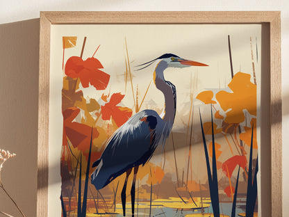 A framed poster features a stylized illustration of a great blue heron standing among orange and red foliage, with a serene water scene in the background.