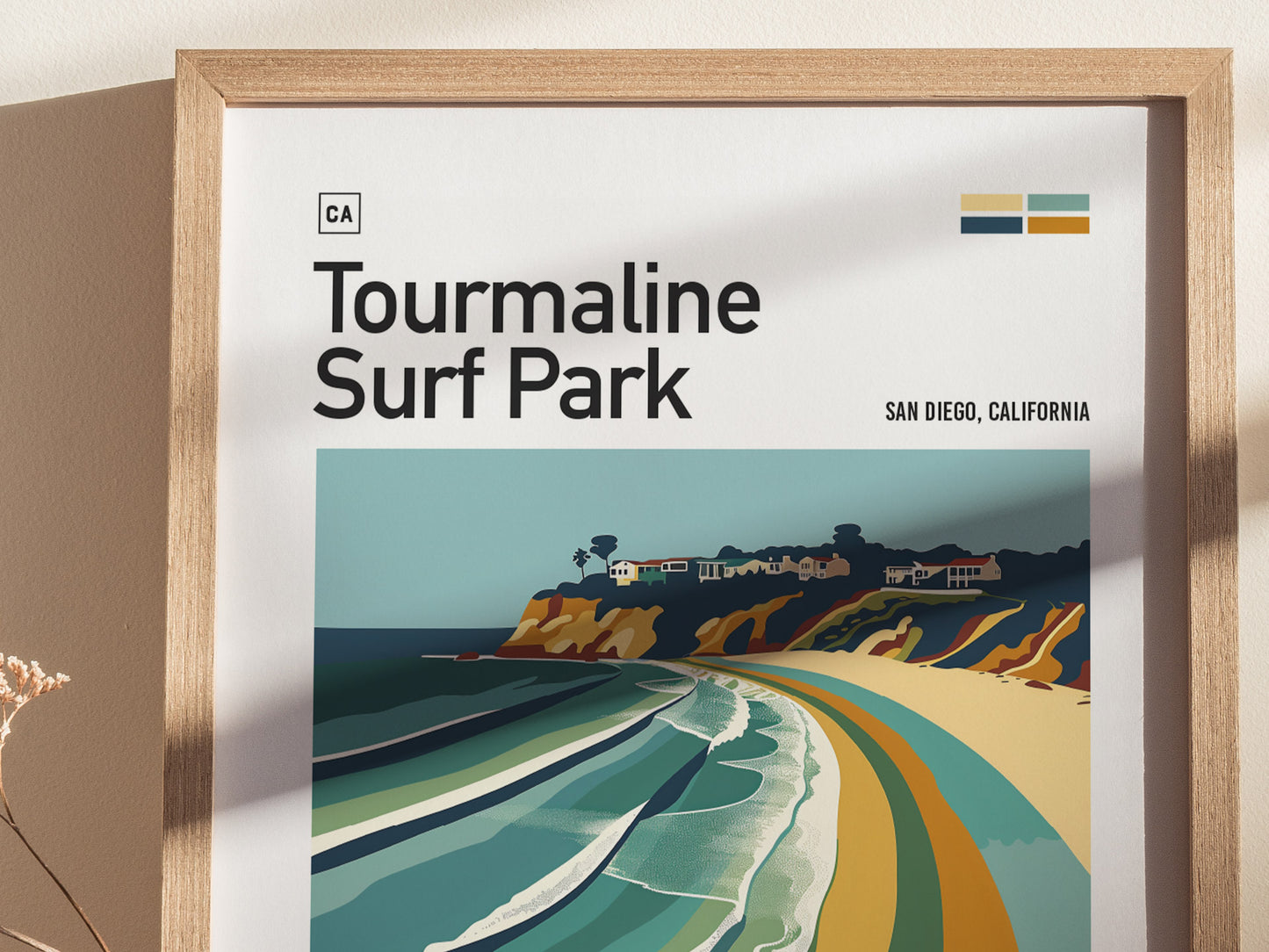 Framed poster titled Tourmaline Surf Park features a stylized coastal scene with colorful waves and cliffs, representing San Diego, California. Minimalist design with vibrant, abstract colors.