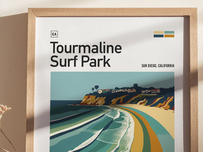 Framed poster titled Tourmaline Surf Park features a stylized coastal scene with colorful waves and cliffs, representing San Diego, California. Minimalist design with vibrant, abstract colors.