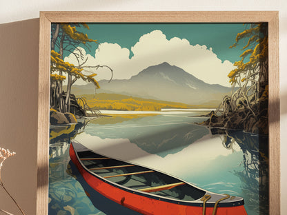 A framed poster depicts a serene lake with a red canoe in the foreground, surrounded by autumnal trees and mountains under a cloudy sky.