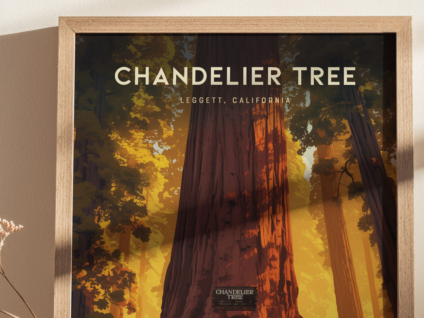 Framed illustration of the Chandelier Tree in Leggett, California, showcasing the majestic redwood surrounded by sunlight and lush foliage. The artwork captures the serene beauty of the forest.