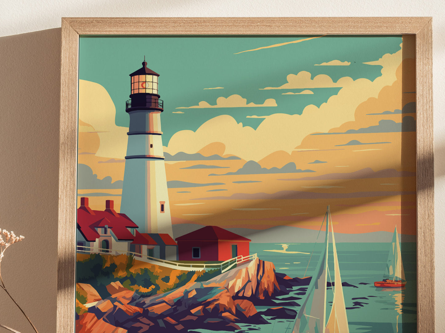 A framed poster of a lighthouse on rocky cliffs with a vibrant sunset sky, featuring red-roofed buildings and sailboats on the ocean.