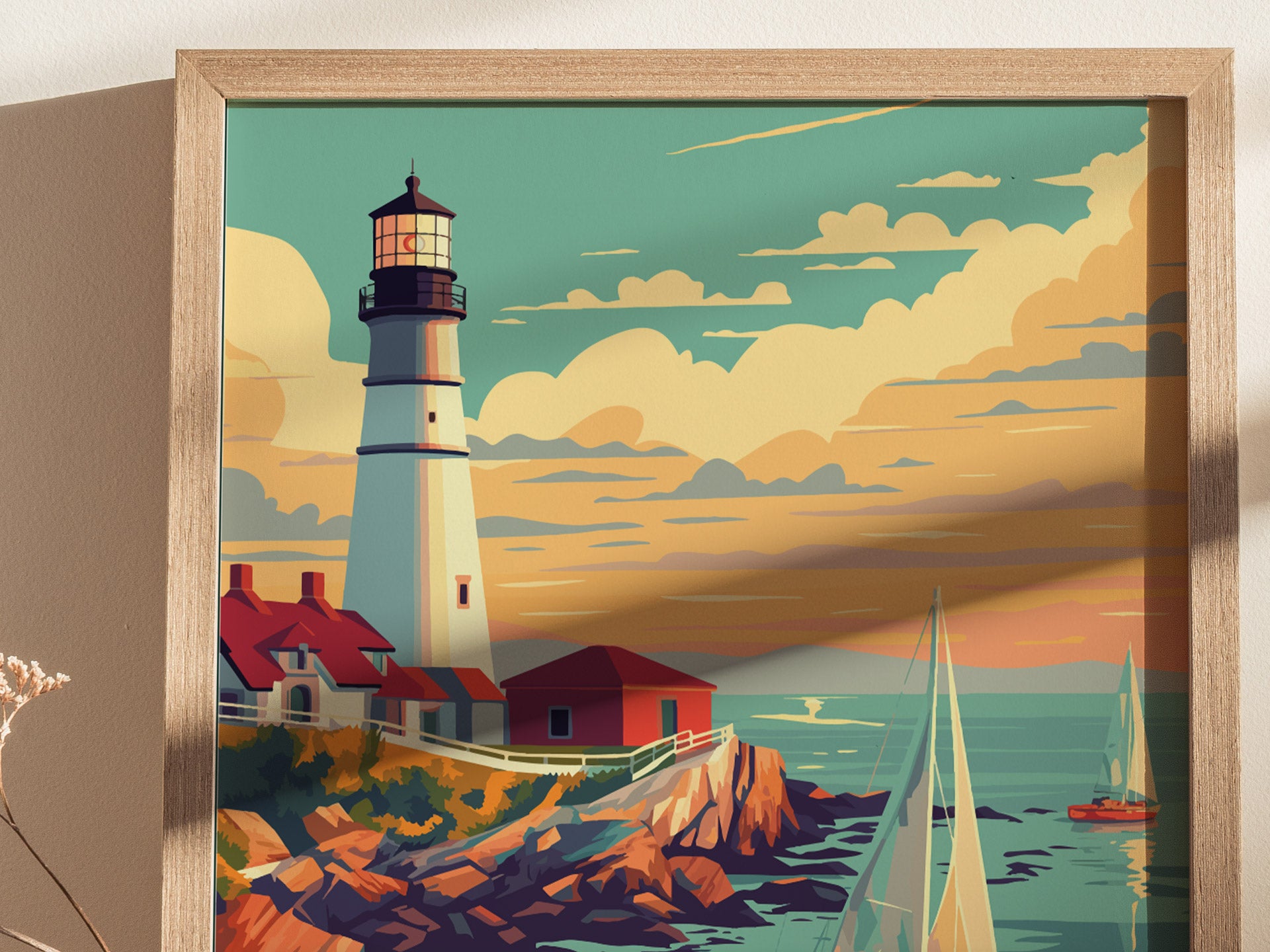 A framed poster of a lighthouse on rocky cliffs with a vibrant sunset sky, featuring red-roofed buildings and sailboats on the ocean.