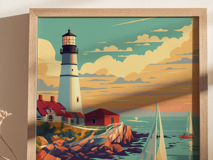 A framed poster of a lighthouse on rocky cliffs with a vibrant sunset sky, featuring red-roofed buildings and sailboats on the ocean.