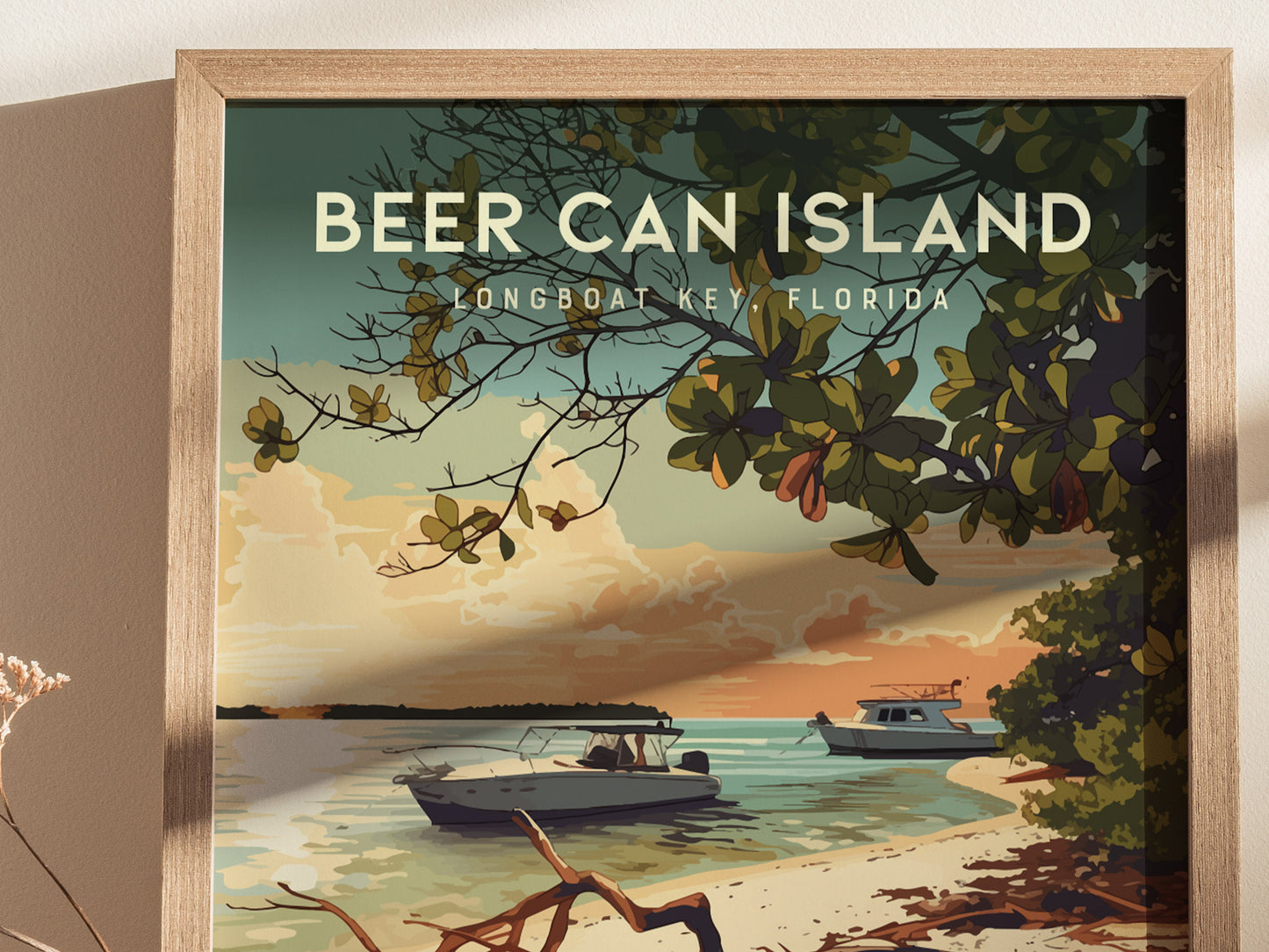 A framed poster depicts a serene coastal scene at Beer Can Island, Longboat Key, Florida. Boats are anchored in calm turquoise waters, with driftwood and lush greenery lining the sandy beach under a pastel sky.