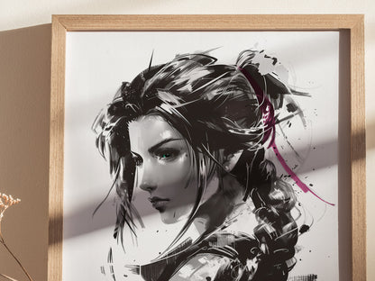 Monochrome portrait of a woman with long hair, accented by pink highlights, framed in light wood, displayed against a neutral wall with soft shadows.