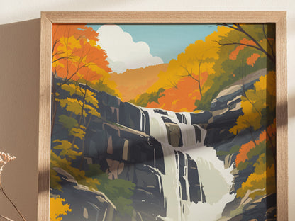 A framed poster depicting a cascading waterfall surrounded by vibrant autumn foliage in shades of orange and yellow, with a clear blue sky in the background.