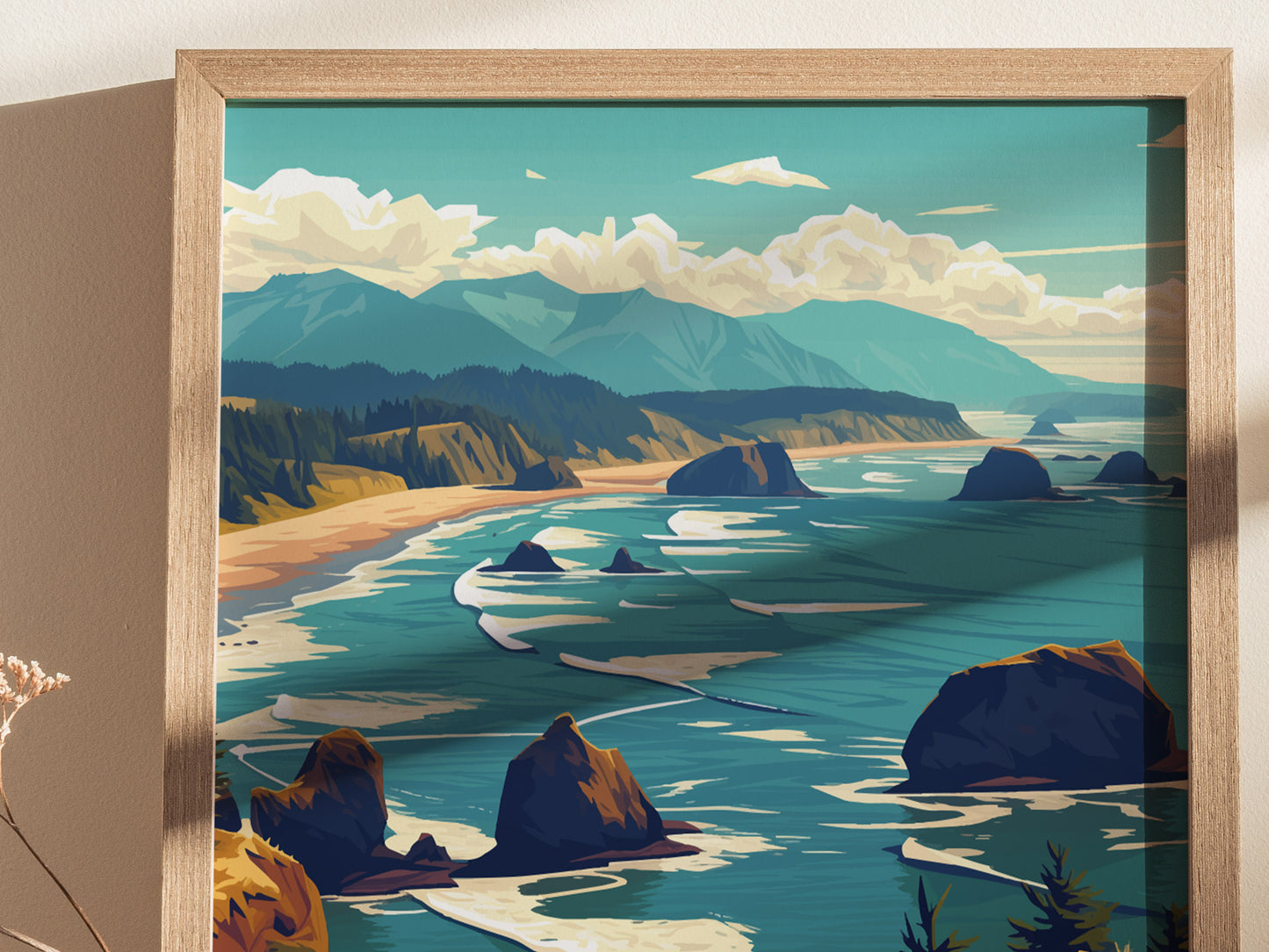 Framed artwork depicting a scenic view of Ecola State Park with lush green headlands, rugged cliffs, and the deep blue Pacific Ocean under a cloudy sky.
