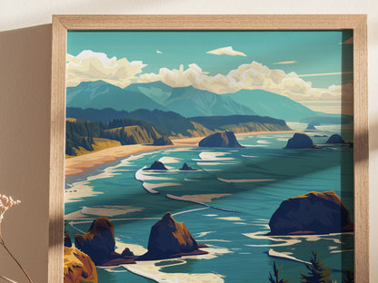 Framed artwork depicting a scenic view of Ecola State Park with lush green headlands, rugged cliffs, and the deep blue Pacific Ocean under a cloudy sky.