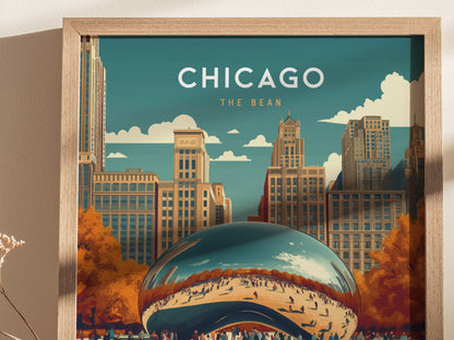 A framed poster depicts Chicagos Cloud Gate sculpture, also known as The Bean, with a vibrant skyline and autumnal trees in the background. The text reads CHICAGO THE BEAN.