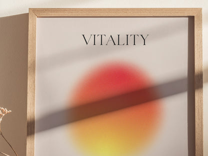 Framed artwork with the word 'VITALITY' on a light background