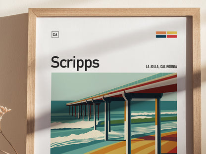 A framed poster features an artistic depiction of Scripps Pier, La Jolla, California, with bold lines and vibrant colors against a backdrop of ocean waves and a blue sky.
