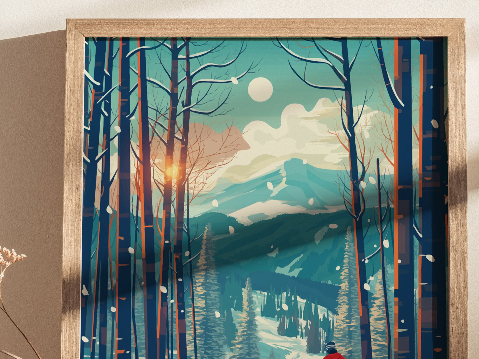 Framed illustration of a winter landscape featuring tall, slender trees with snow, a bright sun, and mountains in the background. A skier in a red jacket is visible.