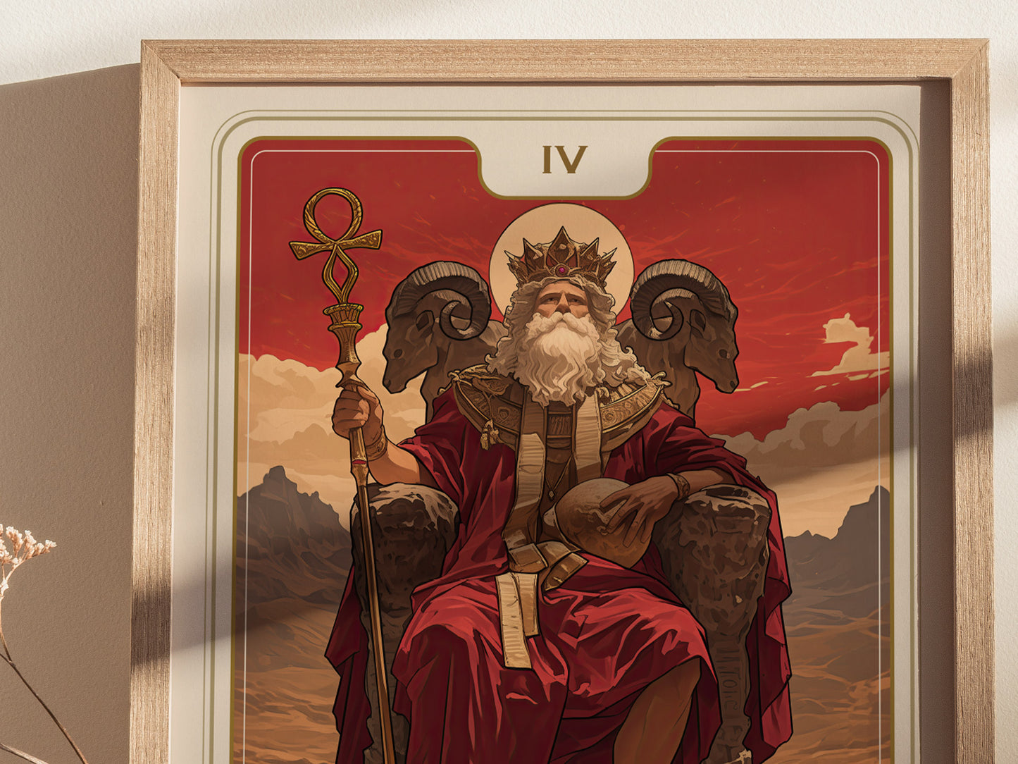 A framed tarot poster depicting the Emperor, Card IV, features an armored ruler with a crown, seated on a throne between ram-headed armrests, set against a dramatic red and mountain.