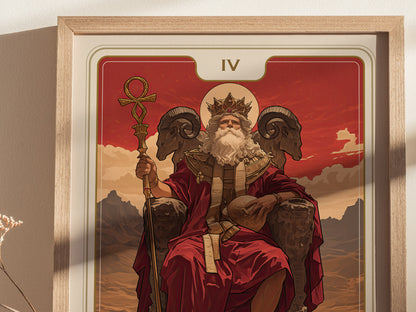 A framed tarot poster depicting the Emperor, Card IV, features an armored ruler with a crown, seated on a throne between ram-headed armrests, set against a dramatic red and mountain.