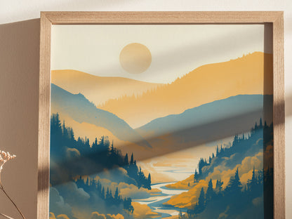 A framed poster depicts a stylized landscape of rolling hills and a river, with a warm sun setting over a serene valley. Shadows create depth and contrast.