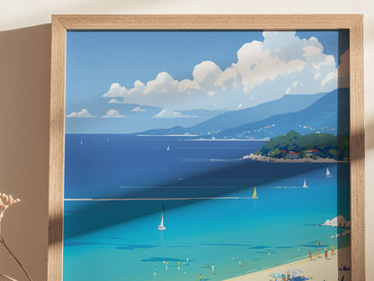 A framed poster depicts a serene coastal scene with turquoise waters, sailboats, and a mountainous horizon under a partly cloudy sky. The artwork includes a sandy beach with sunbathers.