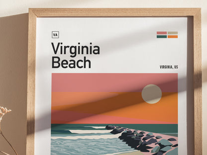 Framed poster featuring a stylized illustration of Virginia Beach with a sunset over the ocean and a rocky jetty. The text reads Virginia Beach, Virginia, US.