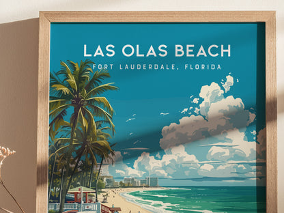 A framed Las Olas Beach poster features palm trees, a lifeguard stand, and a beach scene with clouds in Fort Lauderdale, Florida. The artwork has a vibrant, modern design.