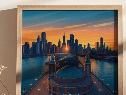 Navy Pier Chicago Poster | Skyline Sunset Wall Art Print