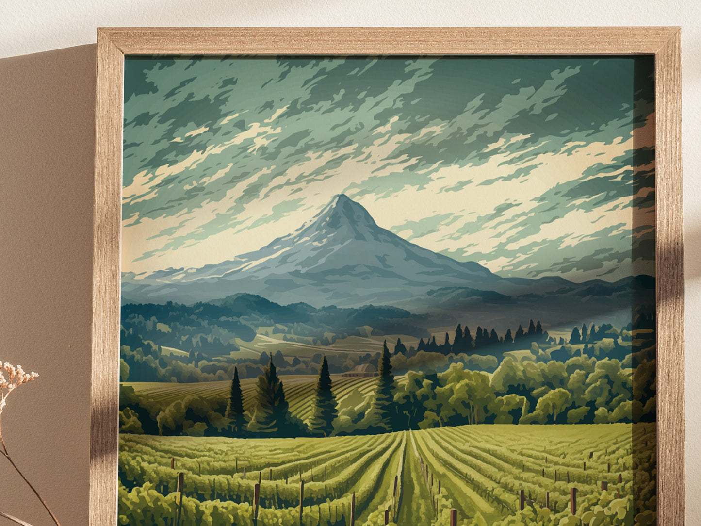 Framed artwork depicting a lush vineyard with rolling hills and a prominent mountain under a dramatic sky. The scene captures the serene beauty of a verdant landscape.