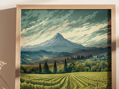 Framed artwork depicting a lush vineyard with rolling hills and a prominent mountain under a dramatic sky. The scene captures the serene beauty of a verdant landscape.