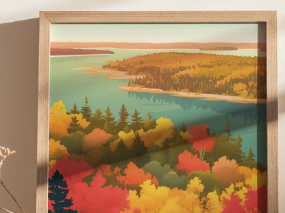 Framed artwork showcasing a vibrant autumn landscape with colorful foliage, evergreen trees, and a vast blue lake under a clear sky. The scene captures the essence of fall beauty.