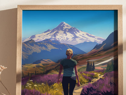 A framed illustration shows a person hiking through vibrant wildflower meadows with Mt. Baker in the background, under a clear blue sky.