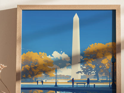 Framed poster of Washington DCs National Mall featuring the Washington Monument, vibrant autumn trees, and silhouetted figures against a clear blue sky.