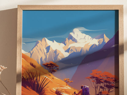A framed poster depicts hikers on a vibrant trail with snow-capped mountains and colorful foliage under a clear blue sky, capturing the essence of an adventurous trek.