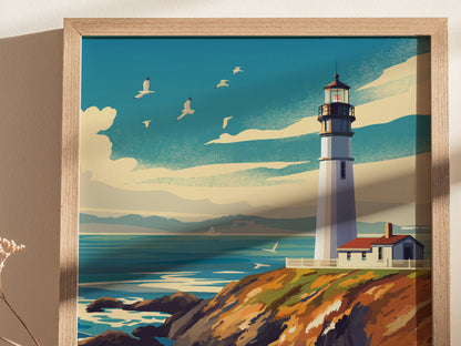 A framed poster depicting Pigeon Point Lighthouse on a cliff with a vibrant blue sky, scattered clouds, and seagulls in flight. The ocean waves crash against the rocky shore.